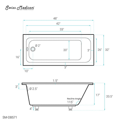 Voltaire 48" x 32" Reversible Drain Drop-In Bathtub