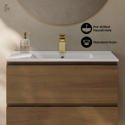 Liberte 30" Wall-Mounted Bathroom Vanity in Brown Oak with Sink Top