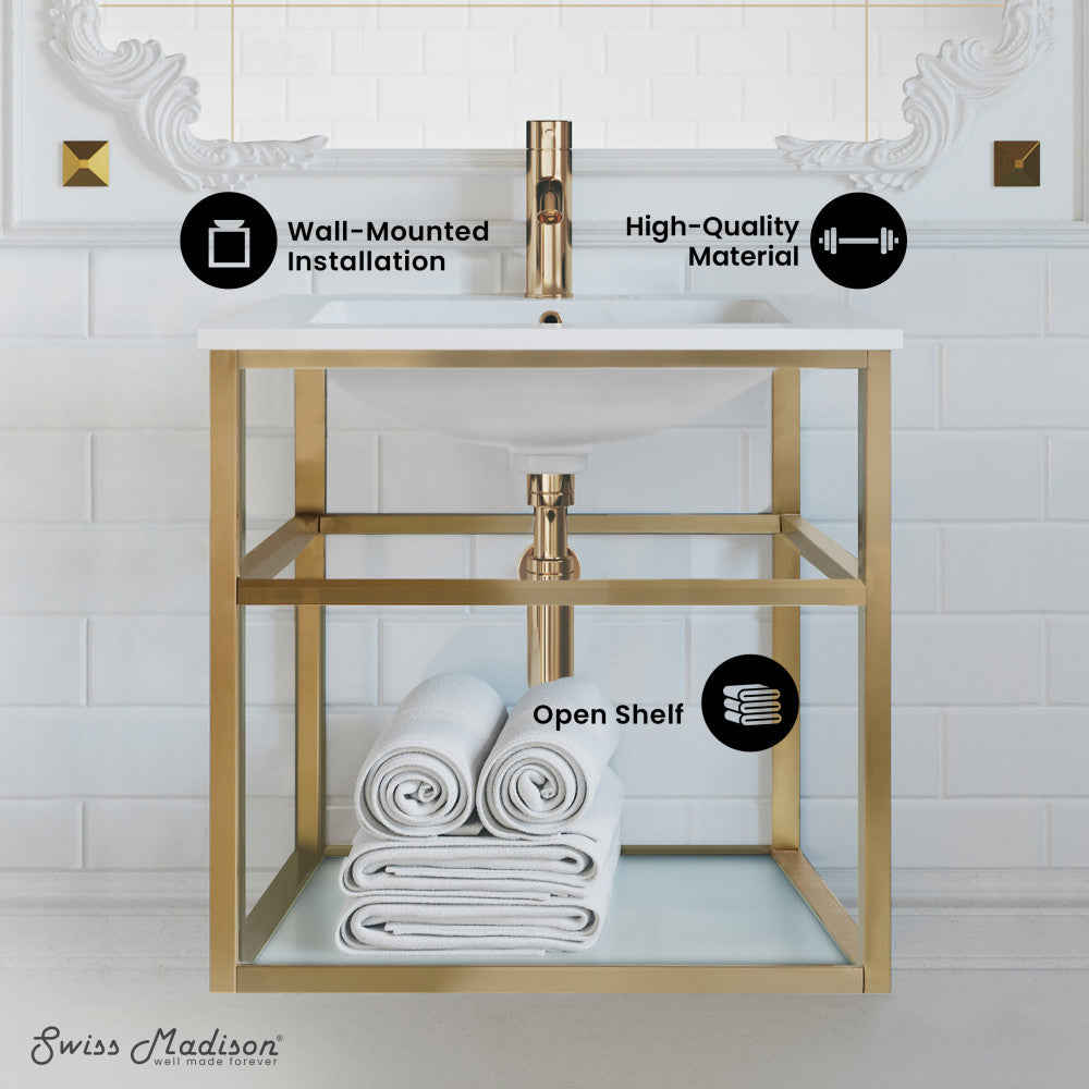 Pierre 24 Single, Open Shelf, Gold Metal Frame Bathroom Vanity