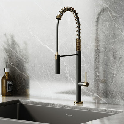 Chalet Single Handle, Pull-Down Kitchen Faucet in Brushed Gold and Black