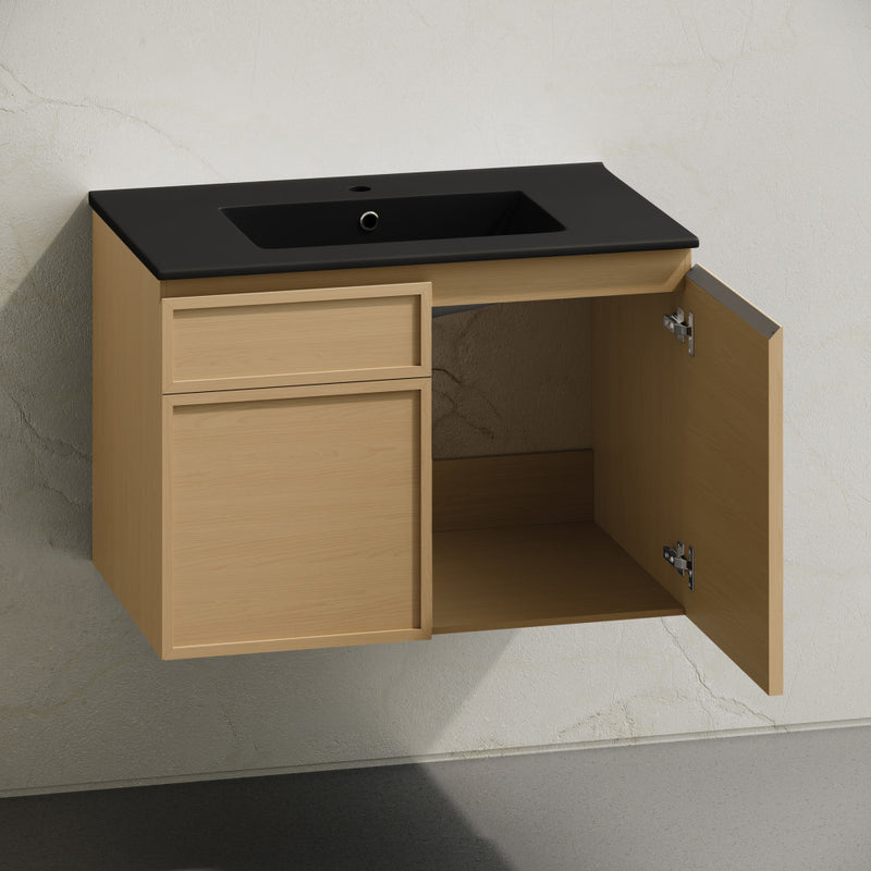 St. Tropez 30" Wall-Mounted Bathroom Vanity in Natural Oak with Black Sink Top
