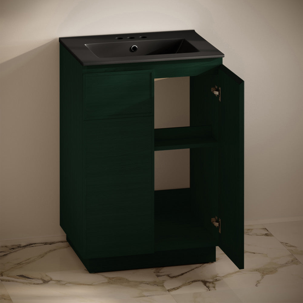 St. Tropez 24" Freestanding Bathroom Vanity in Green Oak with Black 3-Hole Centerset Sink Top