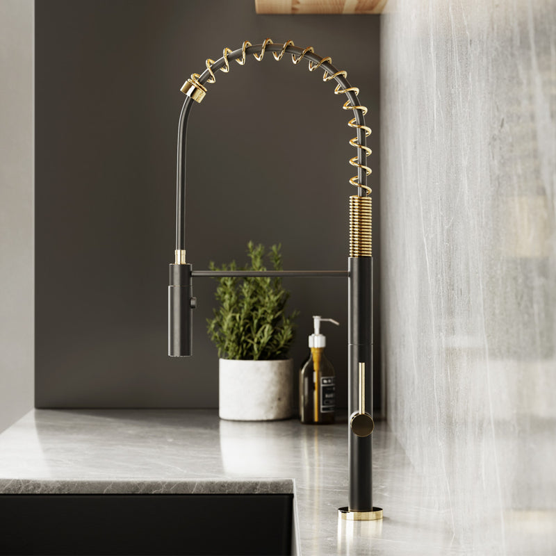 Chalet Single Handle, Pull-Down Kitchen Faucet in Brushed Gold and Black