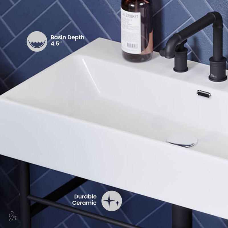 Claire 30" Console Sink White Basin Black Legs with 8" Widespread Holes