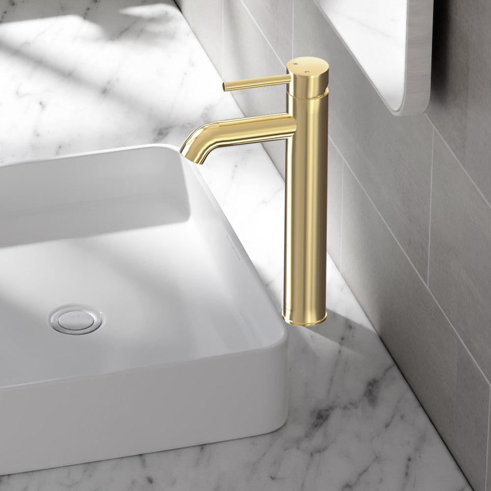 Single-handle high arc bathroom faucet in brushed gold, modern cylindrical design.