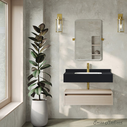Avancer 36" Wall-Mounted Bathroom Vanity in White Oak with Black Marble Sink Top