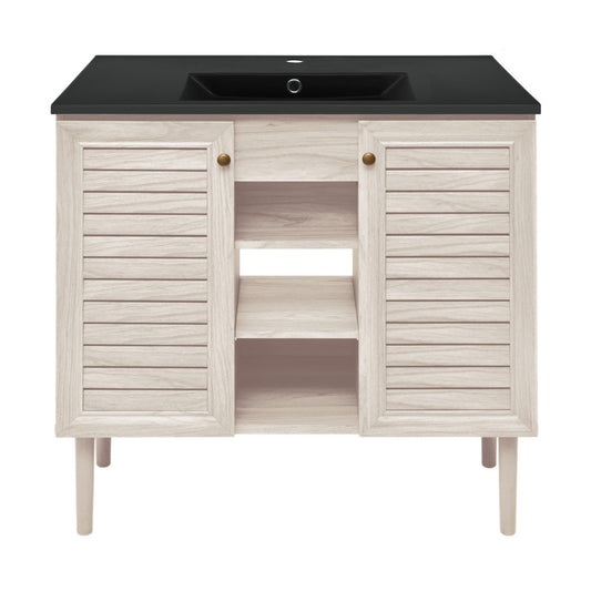 Bron 36" Freestanding Bathroom Vanity in White Oak with Black Sink Top
