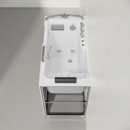 Auvergne 53" x 27" ADA Left Drain Walk-in Soaking Bathtub with Massage Jets in Glossy White, Faucet Set, Drain, Grab Bars, Pillow Included