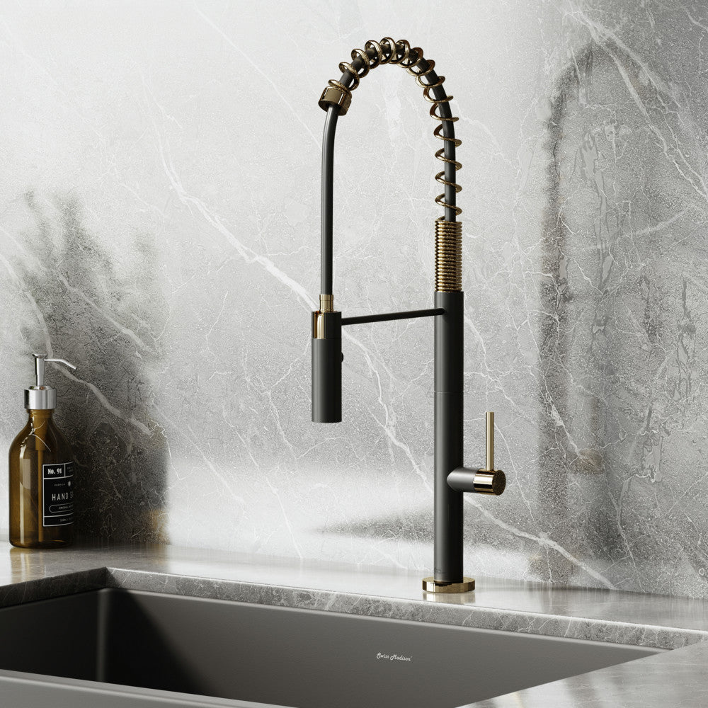 Chalet Single Handle, Pull-Down Kitchen Faucet in Brushed Gold and Black