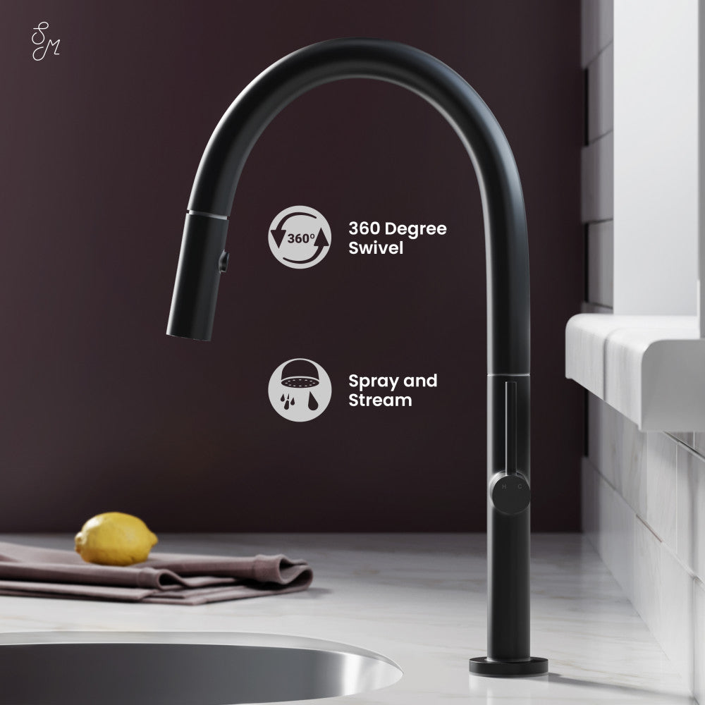 Pull-down kitchen faucet in matte black, single handle, high arc spout, spray and stream modes.