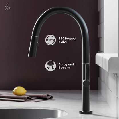Pull-down kitchen faucet in matte black, single handle, high arc spout, spray and stream modes.