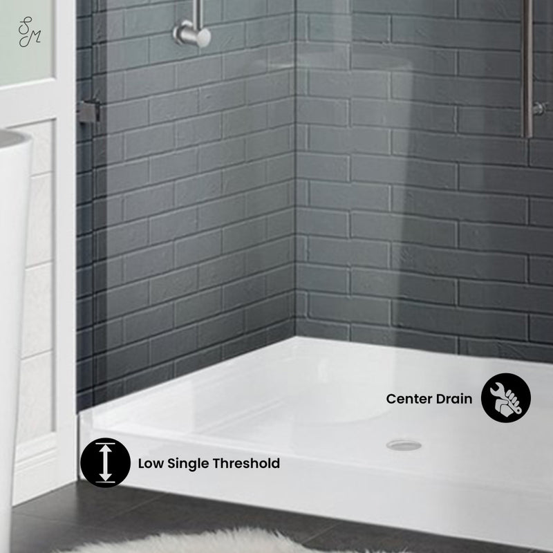 Voltaire 42" x 42" Acrylic White, Single-Threshold, Center Drain, Shower Base