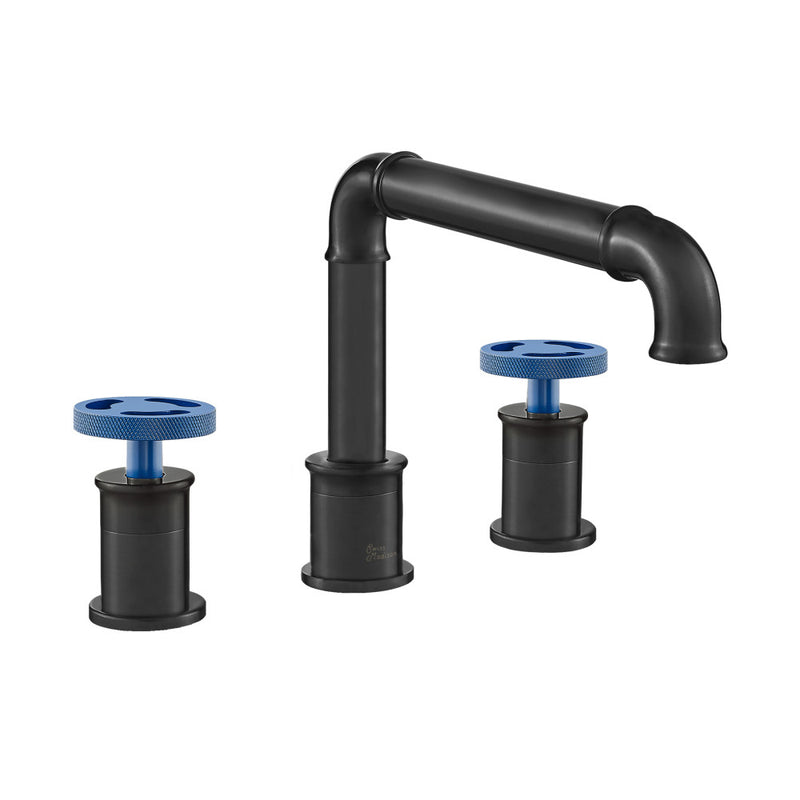 Avallon 8 in. Widespread, 2-Handle Wheel, Bathroom Faucet in Matte Black with Blue Handles