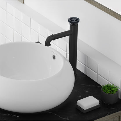 Single-handle high arc bathroom faucet in matte black with wheel handle and single hole mount.