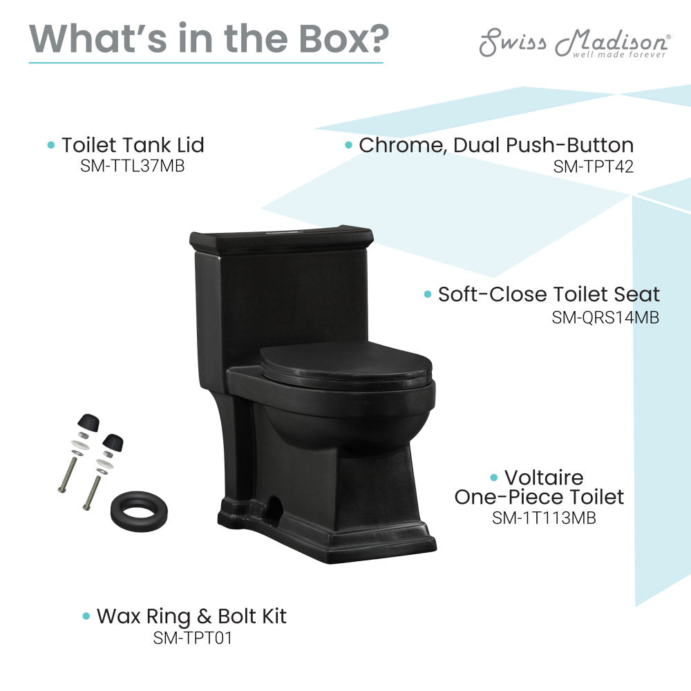Elongated one-piece toilet in matte black with dual-flush and soft-close seat.