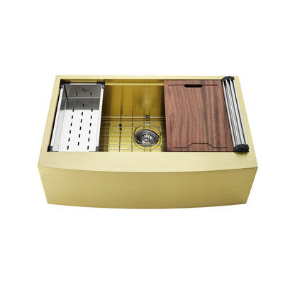 33 x 22-inch gold farmhouse kitchen sink, single basin, stainless steel, apron front, workstation design.