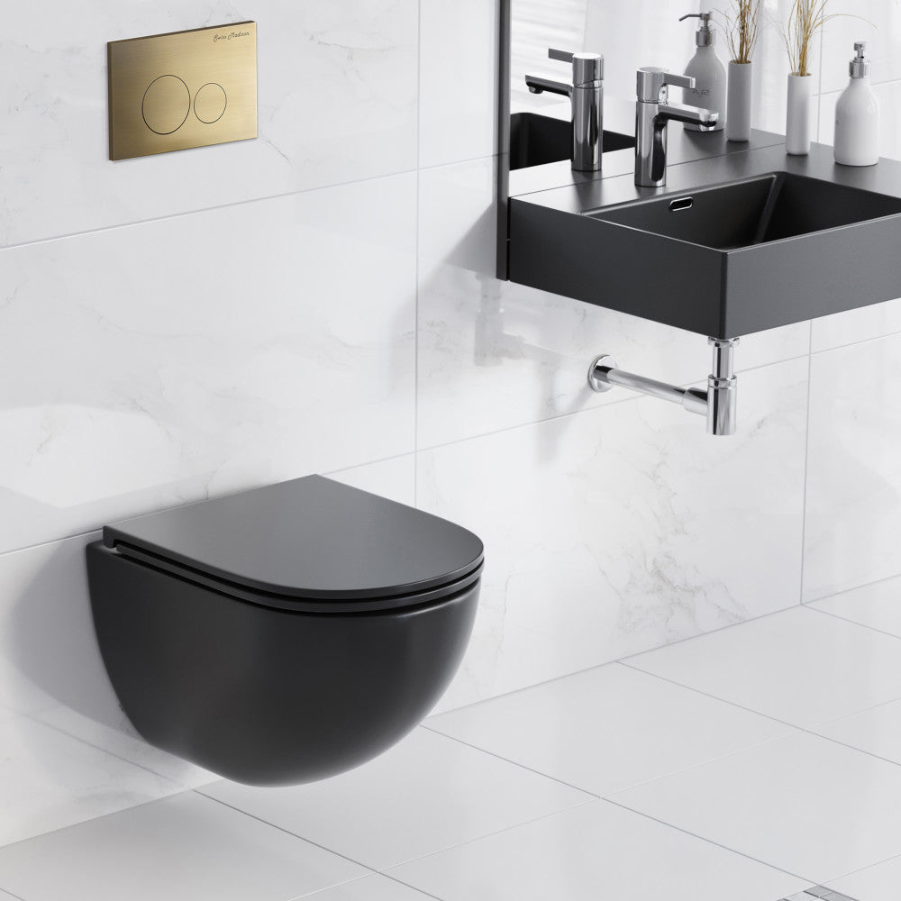St. Tropez Wall-Hung Toilet Bundle 0.8/1.6 GPF Dual Flush in Matte Black with Brass Flush Plate