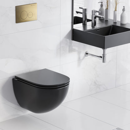 St. Tropez Wall-Hung Toilet Bundle 0.8/1.6 GPF Dual Flush in Matte Black with Brass Flush Plate