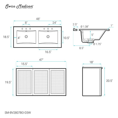 Classe 48" Wall-Mounted Bathroom Vanity in Brown Oak with 3-Hole Widespread Double Basin Sink Top