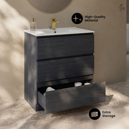 Liberte 30" Freestanding Bathroom Vanity in Black Oak with Sink Top