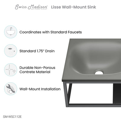 Lisse 24" Rectangle Concrete Wall-Mount Bathroom Sink in Dark Grey