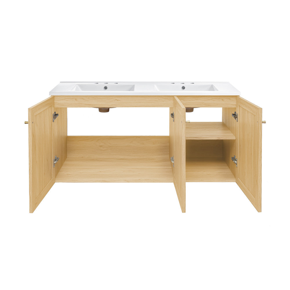 Classe 48" Wall-Mounted Bathroom Vanity in Natural Oak with 3-Hole Centerset Double Basin Sink Top