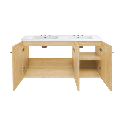 Classe 48" Wall-Mounted Bathroom Vanity in Natural Oak with 3-Hole Centerset Double Basin Sink Top
