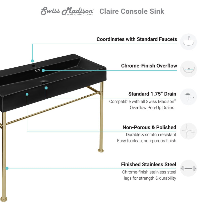 Claire 40 Ceramic Console Sink Matte Black Basin Gold Legs