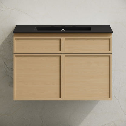 St. Tropez 30" Wall-Mounted Bathroom Vanity in Natural Oak with Black 3-Hole Widespread Sink Top