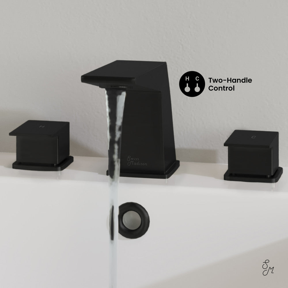Widespread bathroom faucet in matte black, two-handle design.