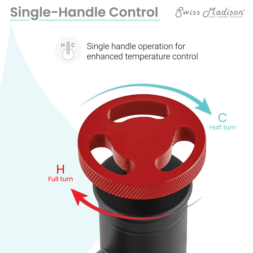 Single-handle bathroom faucet in matte black with red wheel handle and high arc spout.