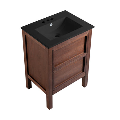 Nadar 24 in. Brown Walnut Bathroom Vanity With Black, 3-Hole Ceramic Sink Top