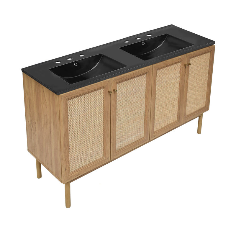Classe 60" Freestanding Bathroom Vanity in Golden Oak with Black 3-Hole Widespread Double Basin Sink Top