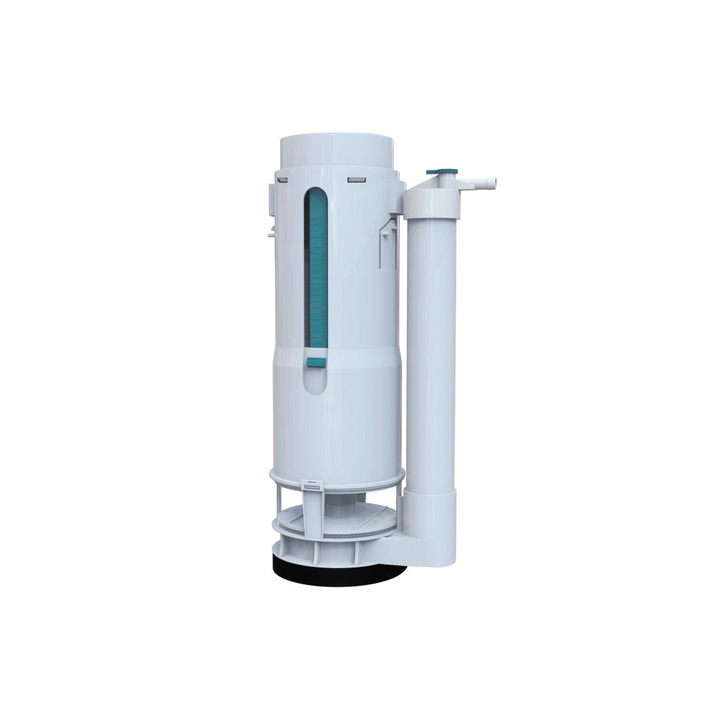 Flush valve in white plastic with cylindrical body and vertical blue water level indicator window.