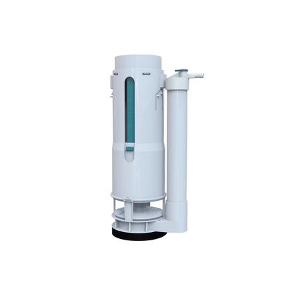 Flush valve in white plastic with cylindrical body and vertical blue water level indicator window.