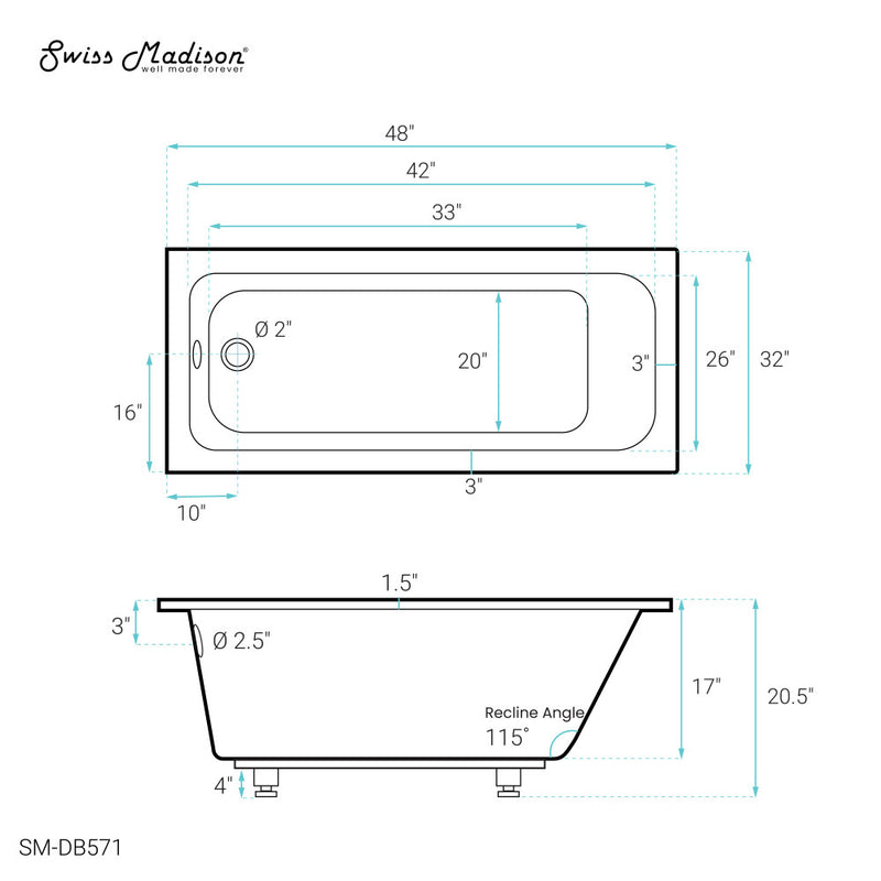 Voltaire 48" x 32" Reversible Drain Drop-In Bathtub