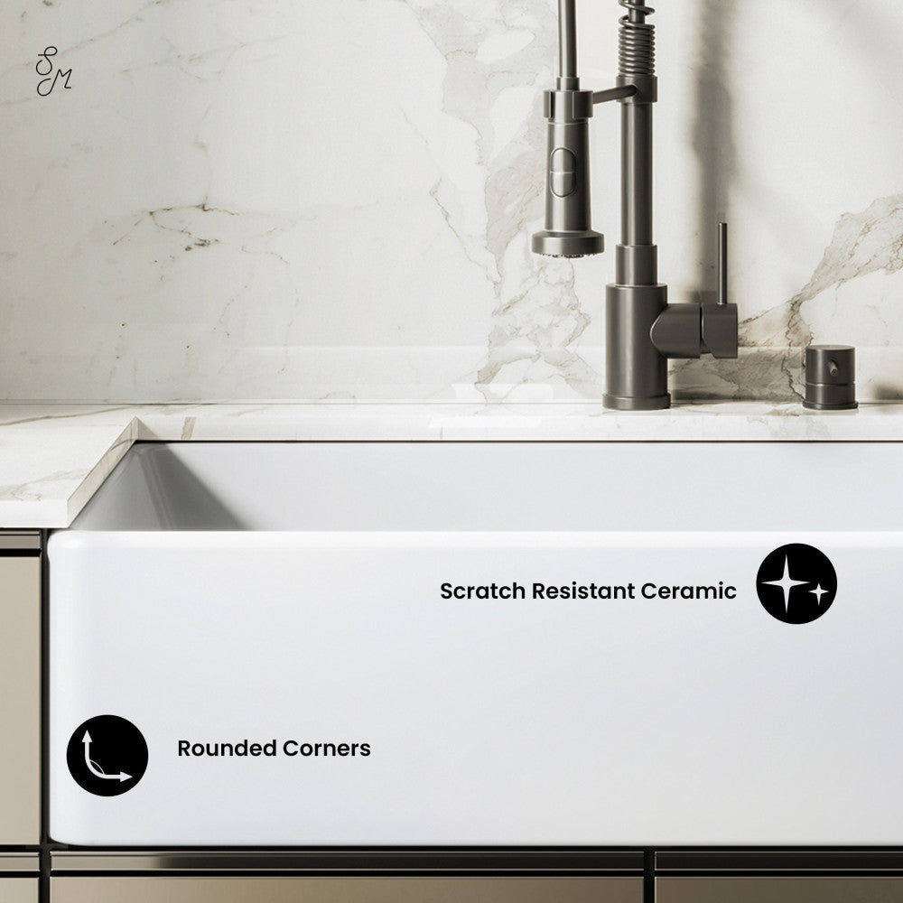 Elegance 36" x 20" Single Basin Fireclay Farmhouse Kitchen Sink in Glossy White with Stainless Steel Grid