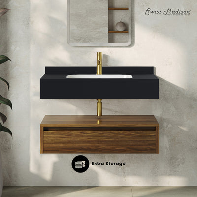 Avancer 36" Wall-Mounted Bathroom Vanity in Brown Oak with Black Marble Sink Top