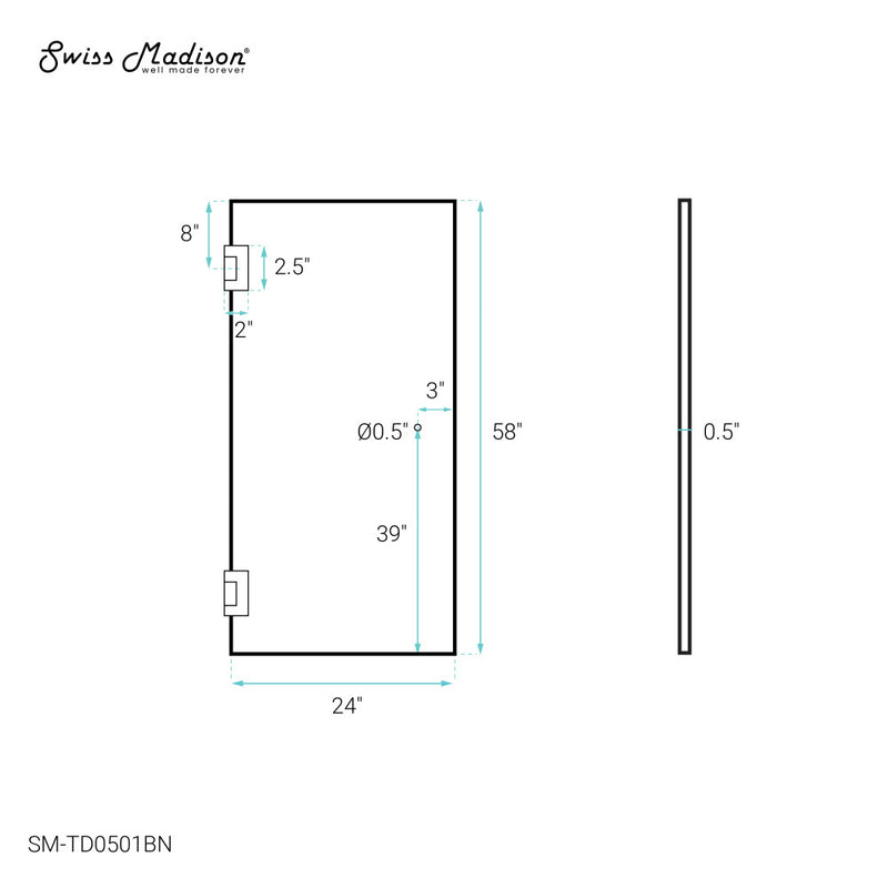 Voltaire 24 x 58 Frameless Pivot 3/8 in. (10mm) Ultra Clear Tempered Glass Tub Door with Nickel Brushed Hardware