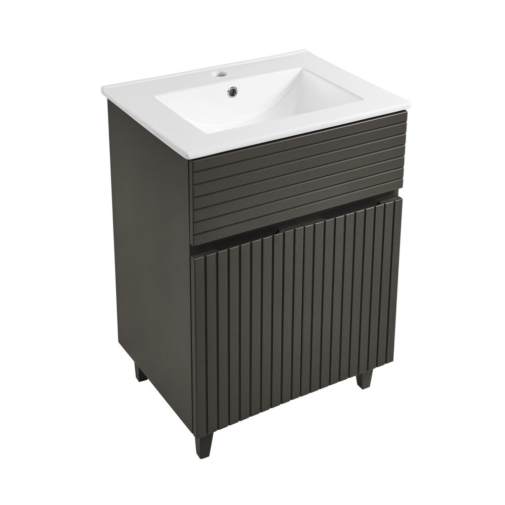 24-inch freestanding bathroom vanity in cedar gray with single sink and textured front panels.