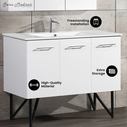48-inch freestanding white bathroom vanity with sink top and three-door storage, modern handles.