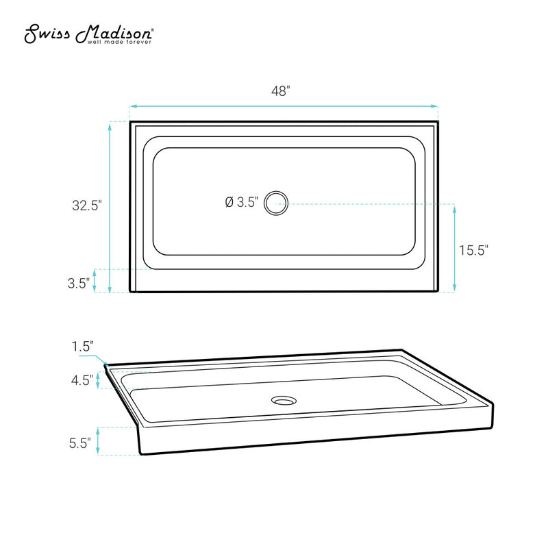 Voltaire 48" x 32" Single-Threshold, Center Drain, Shower Base in Biscuit