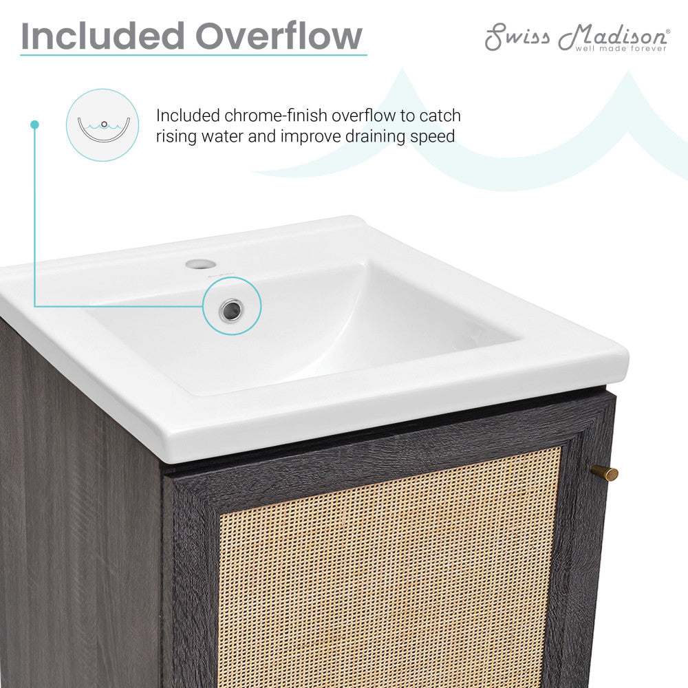 18-inch freestanding bathroom vanity in black oak with single sink and chrome finish overflow.