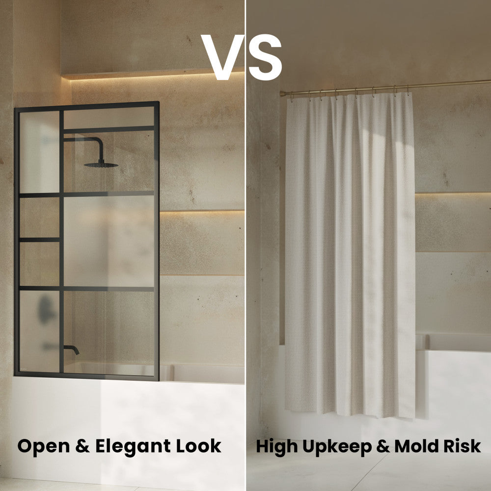 Leiden 34 x 58 Framed Fixed 3/8 in. (10mm) Frosted Tempered Glass Tub Door with Black Matte Frame