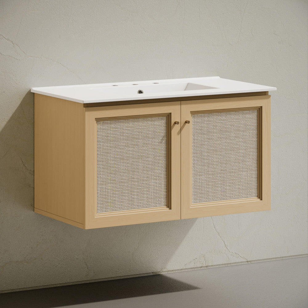 Classe 36" Wall-Mounted Bathroom Vanity in Natural Oak with Widespread Faucet Holes Vanity Top