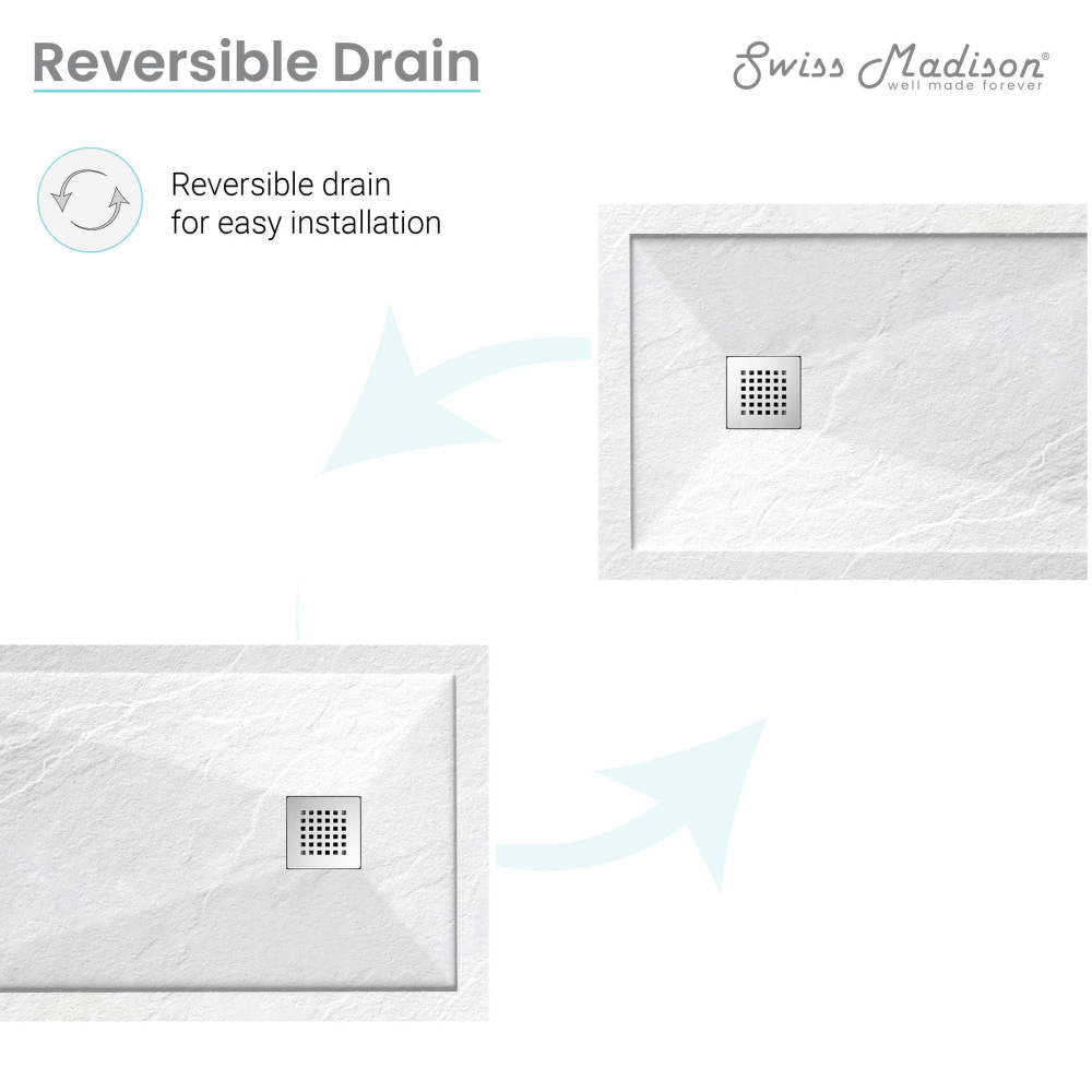 60" x 32" rectangular shower base in white with reversible drain and textured surface.