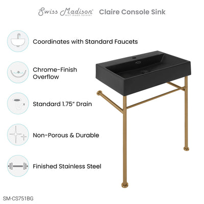 Claire 24 Ceramic Console Sink Matte Black Basin Brushed Gold Legs