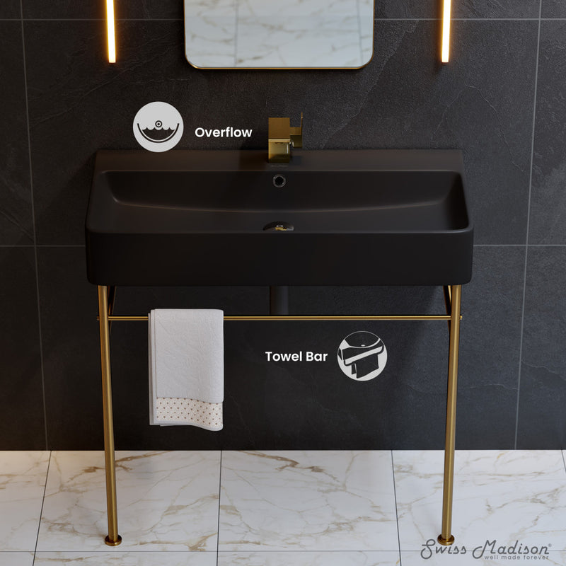 Carre 36 Ceramic Console Sink Matte Black Basin Brushed Gold Legs