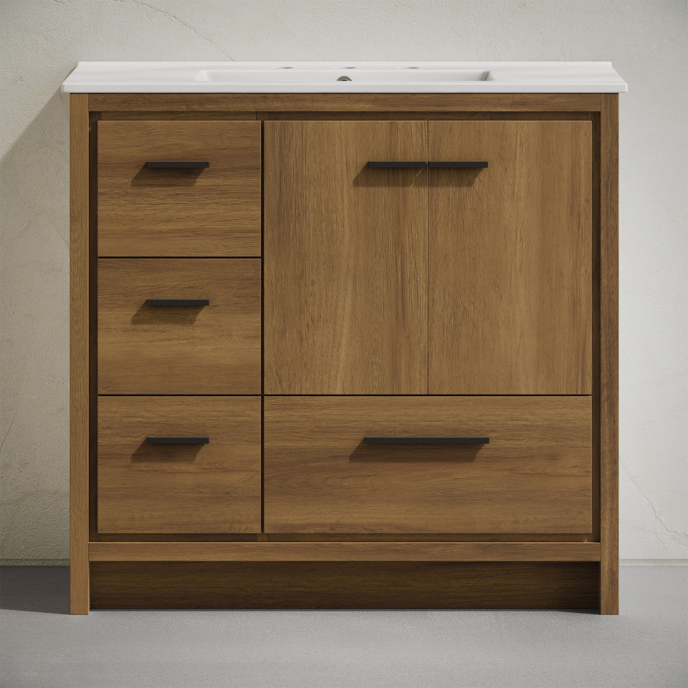 Virage 36" Freestanding Bathroom Vanity in Brown Oak with 3-Hole Widespread Sink Top