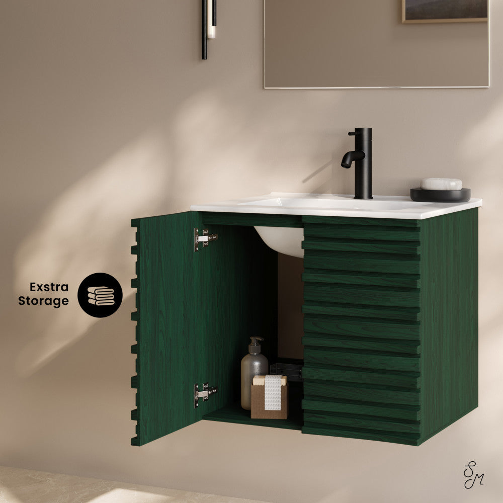 Cascade 24" Wall-Mounted Bathroom Vanity in Green Oak with Sink Top
